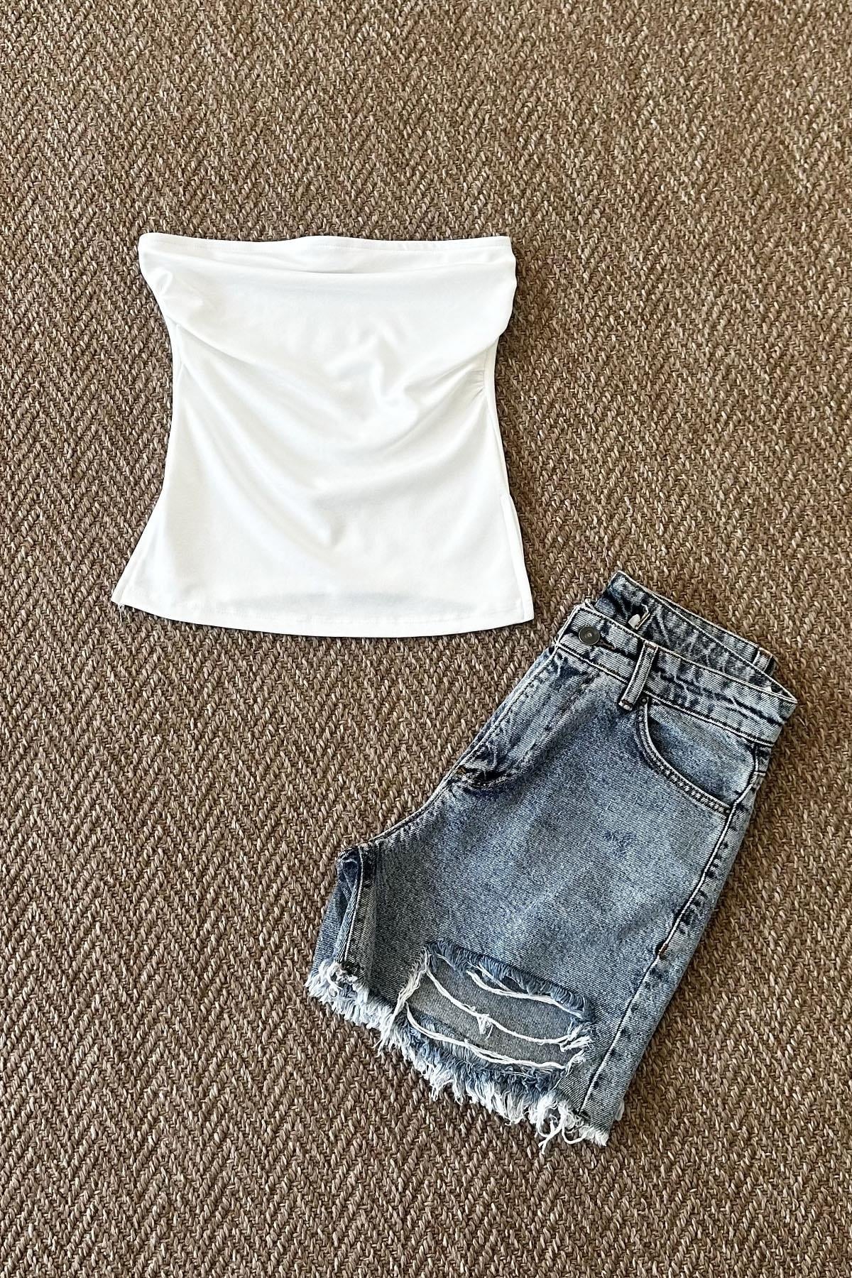 Kadın Yanı Yırtmaçlı Büzgü Detaylı Straplez Body - BEYAZ