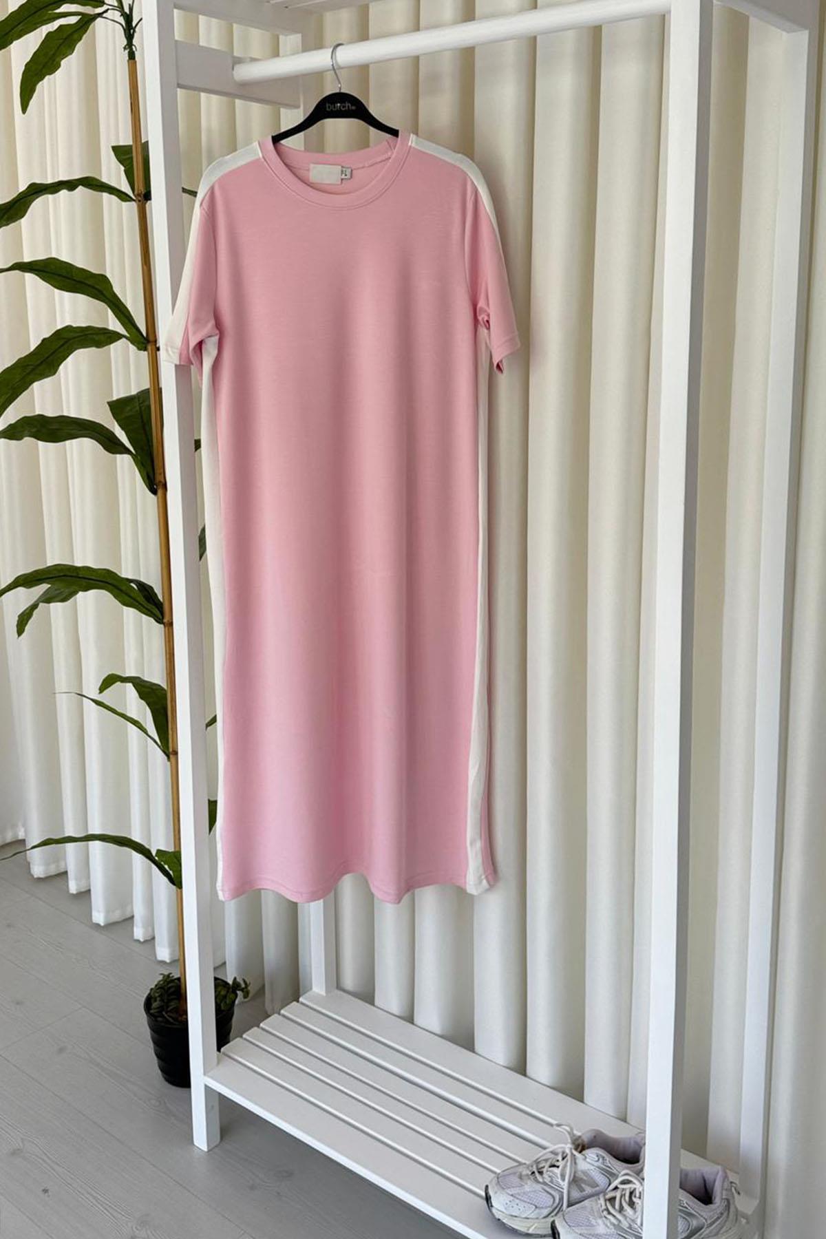 Kadın Yanları Şeritli Modal Uzun Elbise - PEMBE
