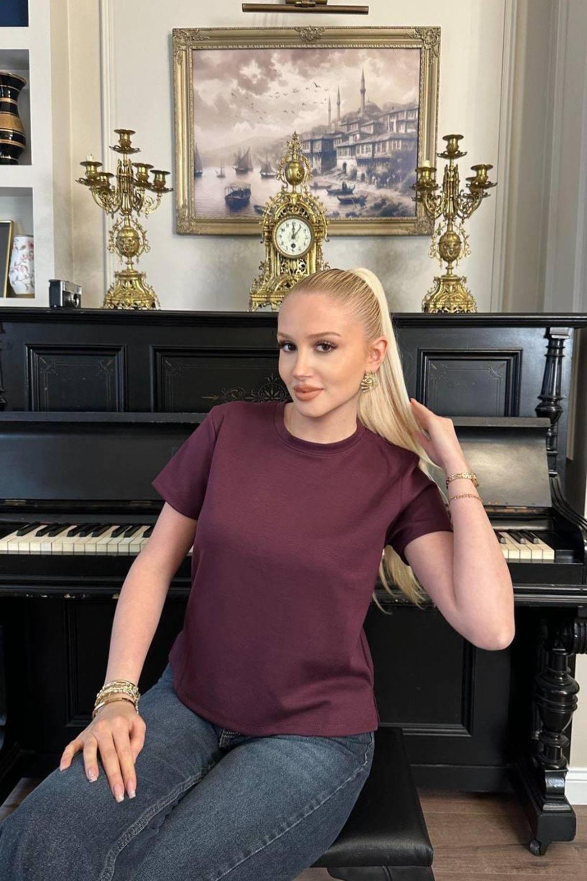 Kadın Yanları Yırtmaçlı Basic Tshirt - BORDO