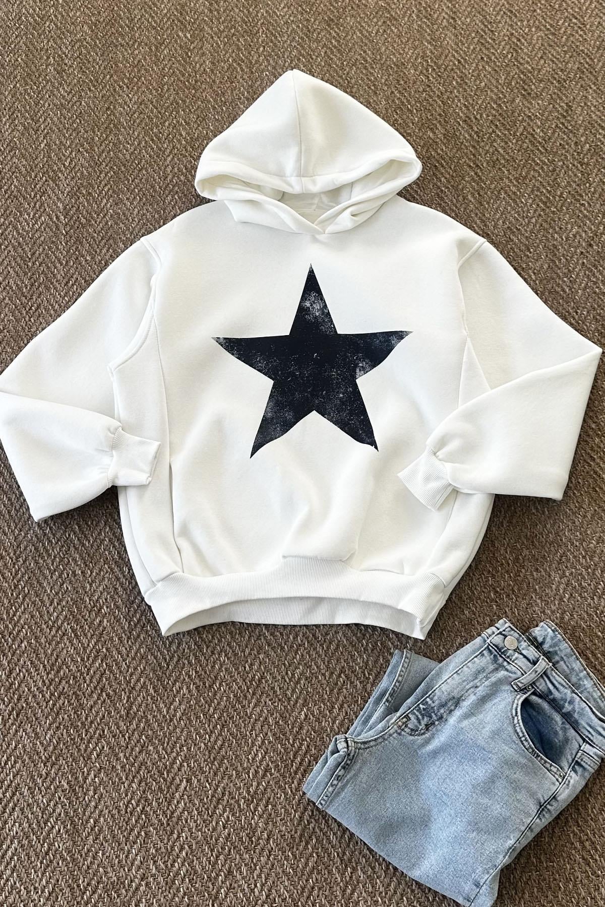 Kadın Yıldız Baskılı Kapüşonlu Sweatshirt - BEYAZ