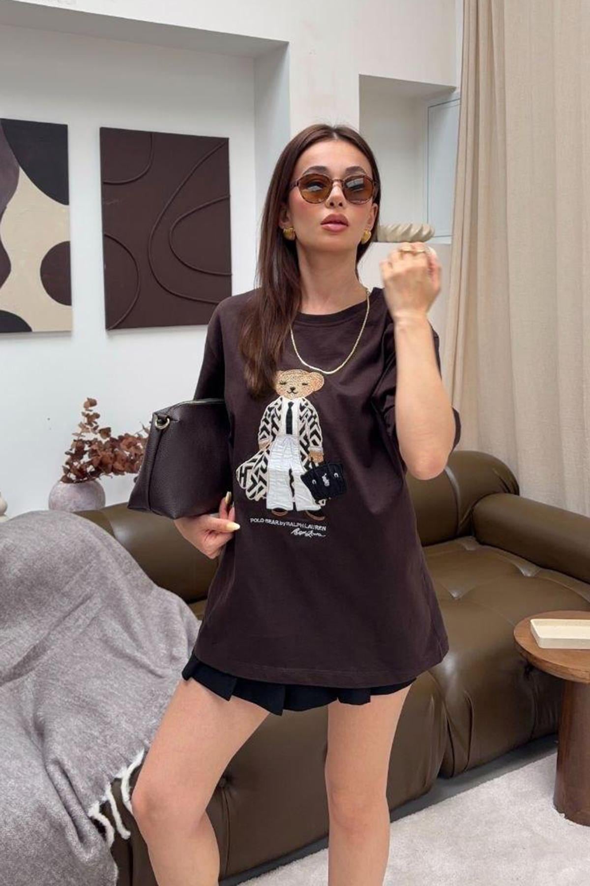 Kayon Teddy Ayıcık Nakışkı Tshirt - KAHVE