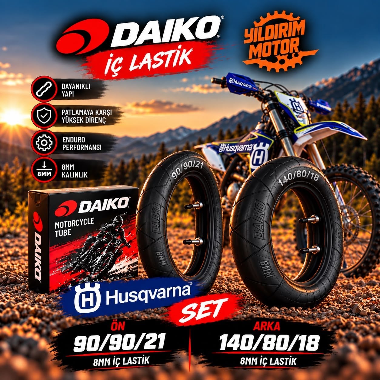 HUSQVARNA TE/FE DAIKO 90/90-21 140/80-18 8MM ÖN ARKA MOUSSE