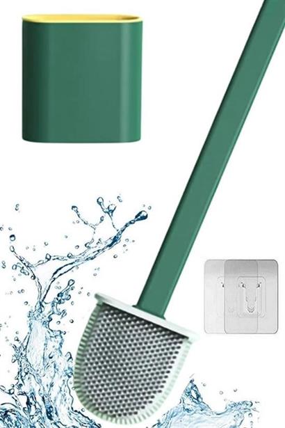 BUFFER® Duvara Monte Edilebilir Kapaklı Askılı Klozet Yumuşak Silikon Başlıklı Tuvalet Fırçası Seti - Yeşil