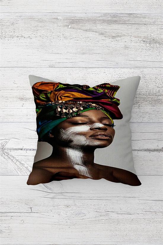 Afrikalı Kadın Figürlü Çift Tarafı Baskılı Gizli Fermuarlı Dekoratif Yastık  Kılıfı Kırlent Kılıfı