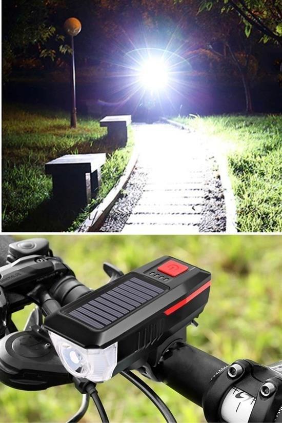 BUFFER® Solar Enerjili USB ile Şarj Edilebilir Ledli Bisiklet Feneri  Kornalı ve Su Geçirmez Far