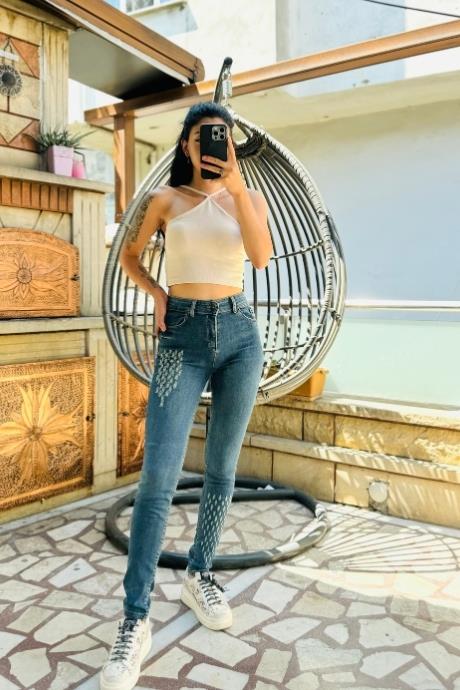 Mavi Desen Detaylı Skinny Jean