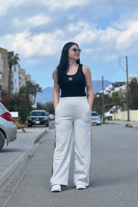 Beli Lastikli Palazzo Paça Yanları Gümüş Çizgili Eşofman