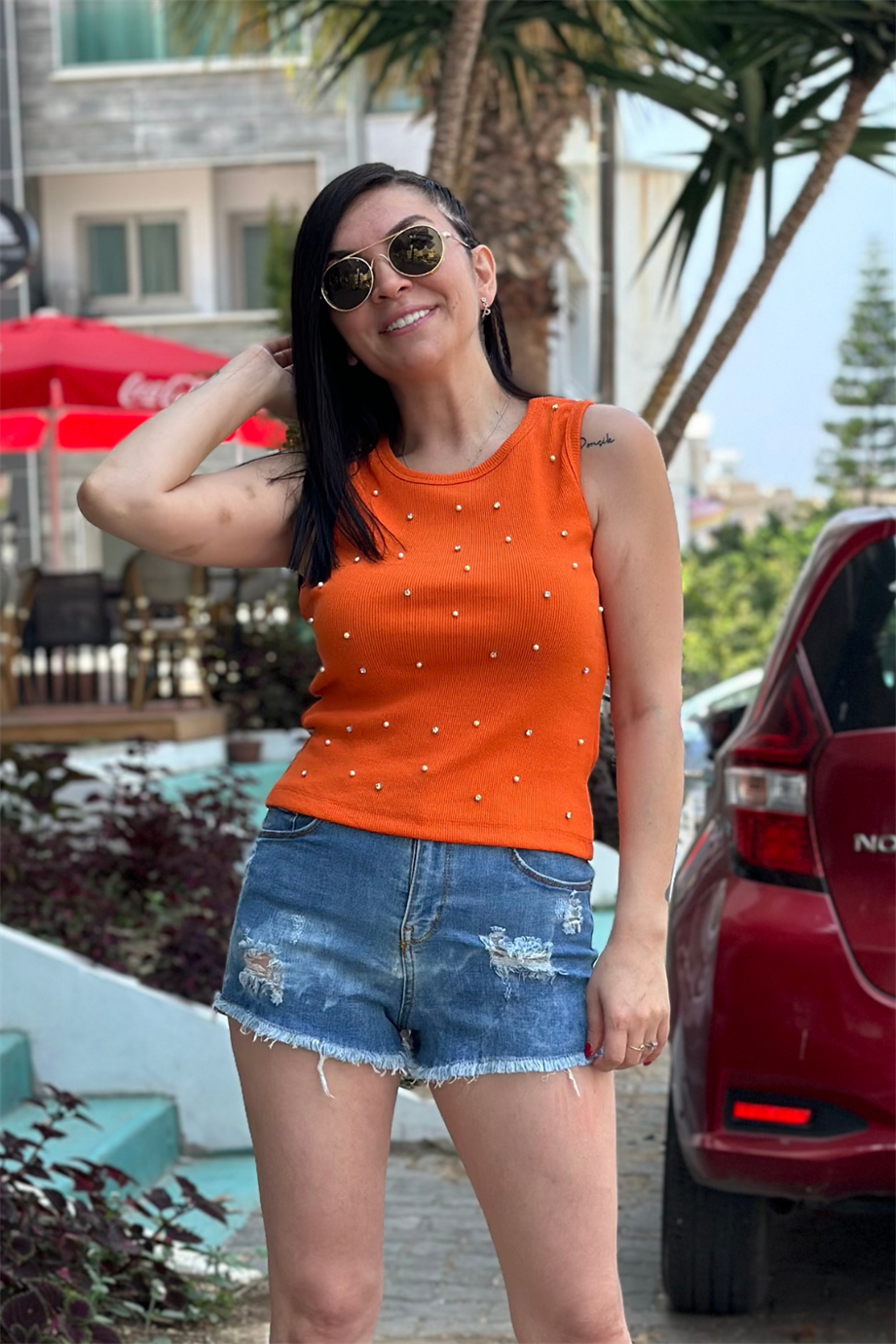 Sıfır Kol İnci Taş Süslemeli Fitilli Kaşkorse Bluz TURUNCU