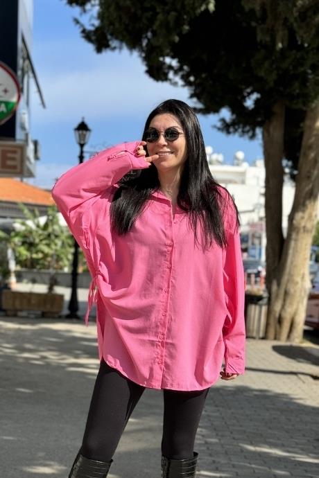Yandan Bağlamalaı Pamuklu Oversize Gömlek PEMBE