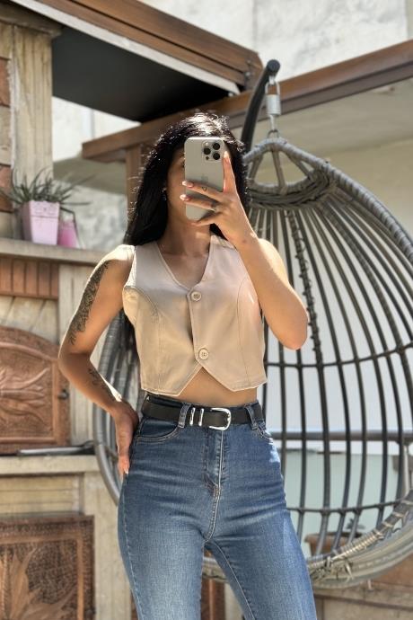 Düğme Detaylı Crop Model Yelek Krem