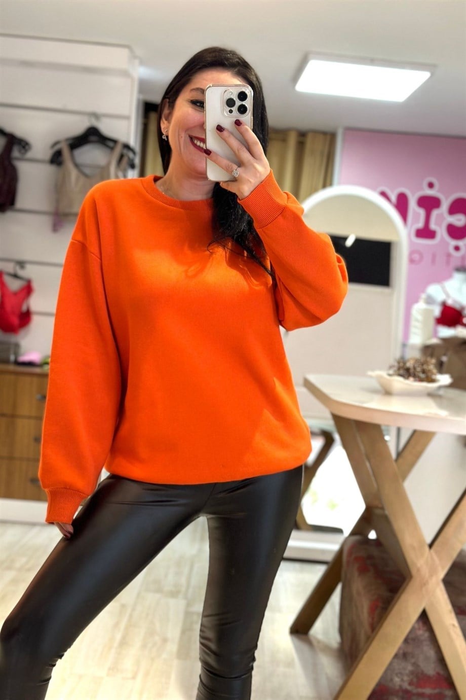 Bisiklet Yaka 3 İplik Şardonlu Düz Sweatshirt Turuncu