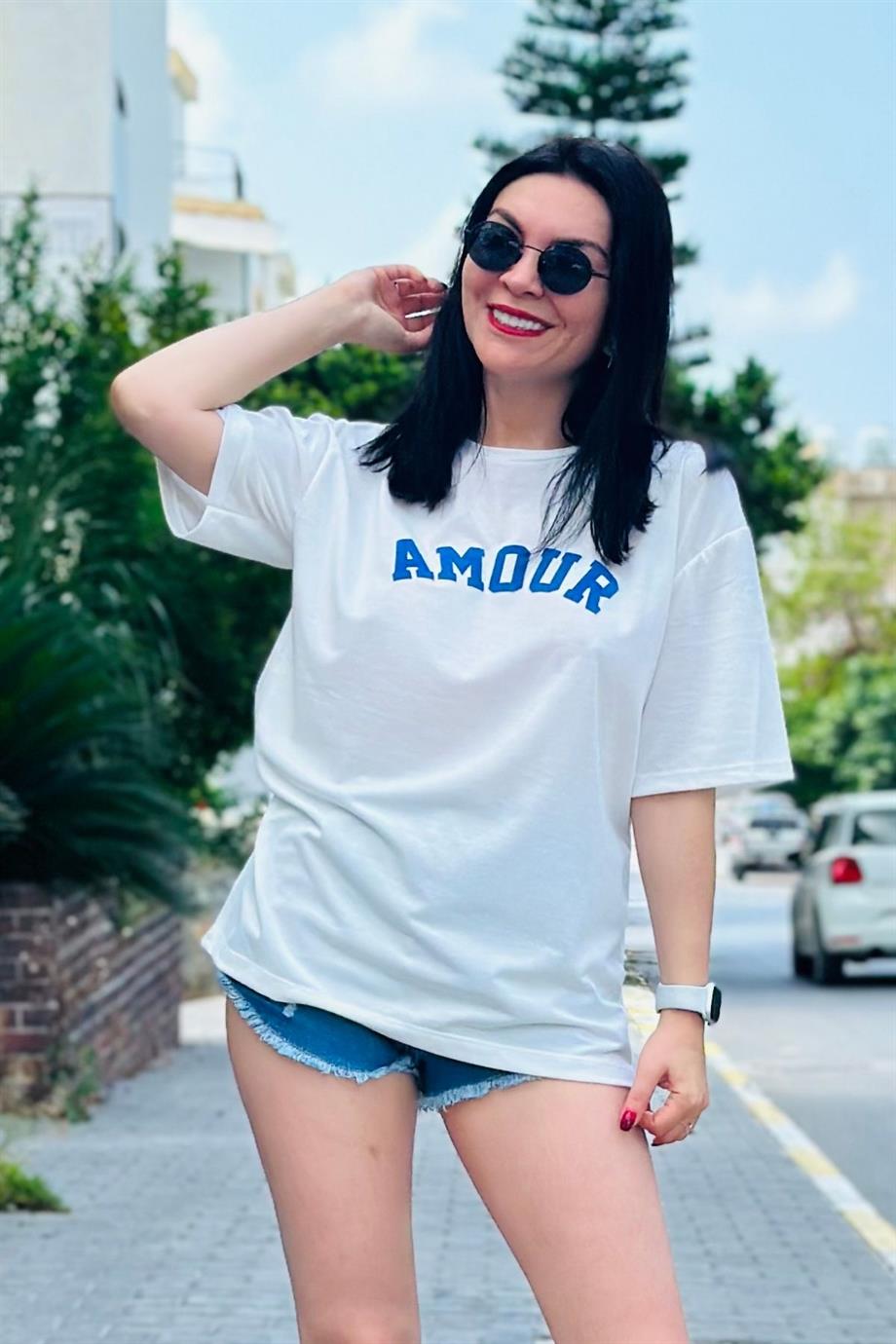 Bisiklet Yaka Amor Yazı Baskılı Tshirt MAVİ