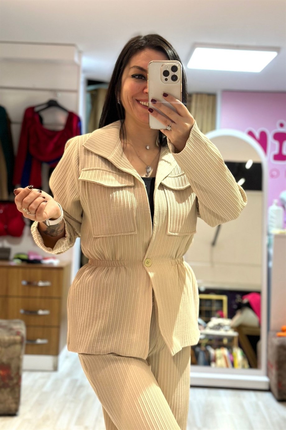 Bel Lastik Tek Düğmeli Astarlı Düz Blazer Ceket Vizon