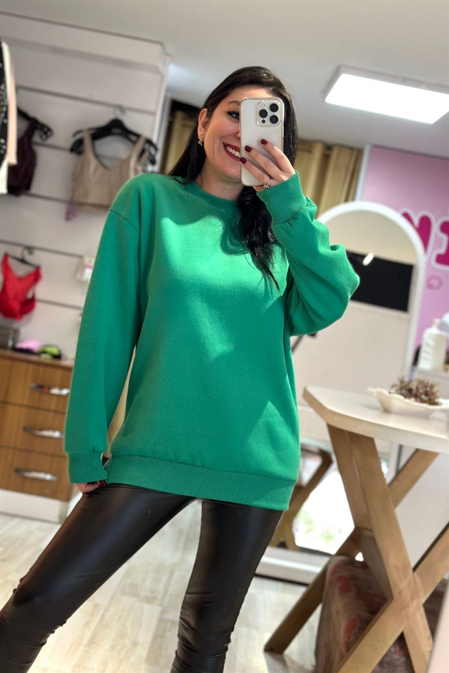 Bisiklet Yaka 3 İplik Şardonlu Düz Sweatshirt Yeşil