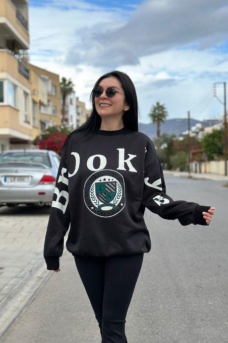 Brooklyn Baskılı Sweatshirt Rahat Kalıp SİYAH