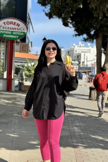 Yandan Bağlamalaı Pamuklu Oversize Gömlek SİYAH