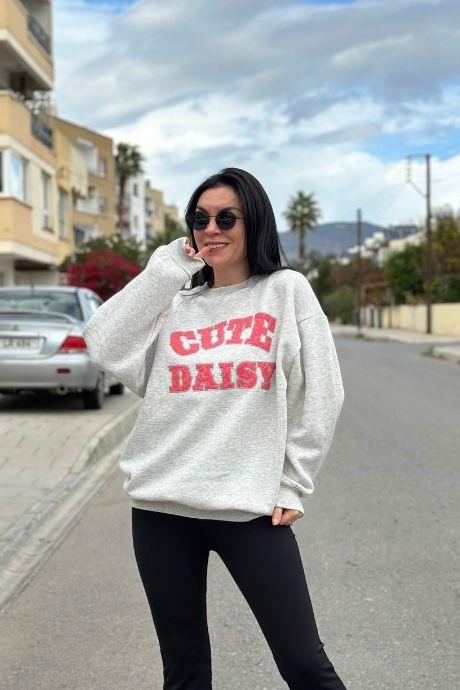 Cute Daisy Kabartma Yazı Baskılı Sweatshirt GRİ PEMBE