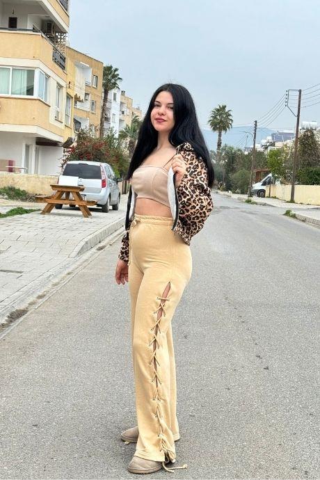 Beli İp Bağlamalı Yanı Bağcıklı Bol Paça Eşofman CAMEL