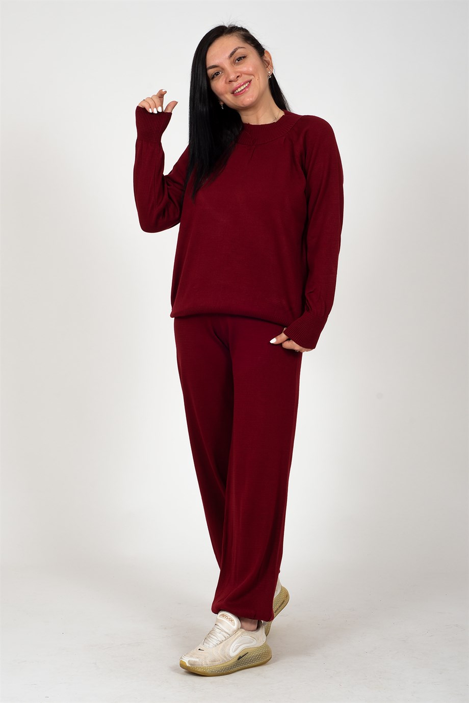 Bordo Dik Yaka Pamuklu Şalvar Paça Triko 2li Takım