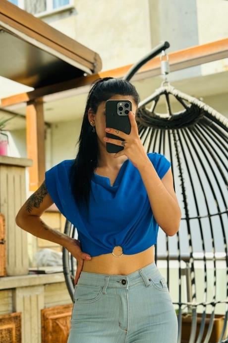 Omuz Vatkalı Bel Lastik Metal Halka Detaylı Crop Saks