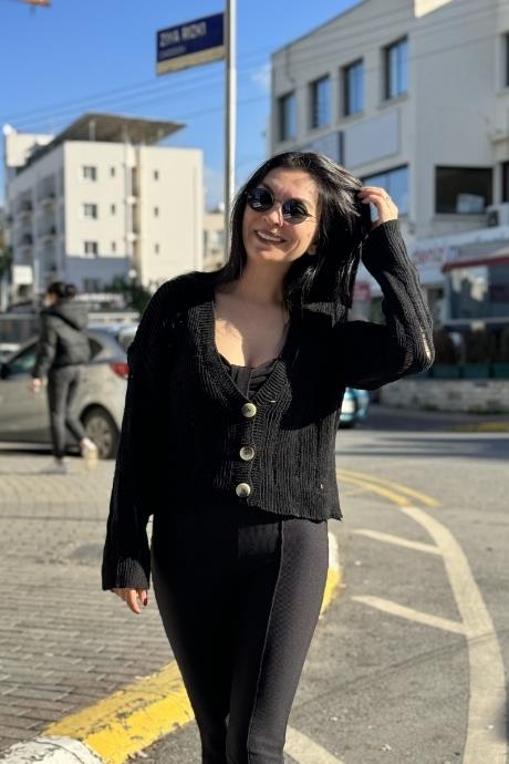 V Yaka Düğmeli Salaş Hırka SİYAH