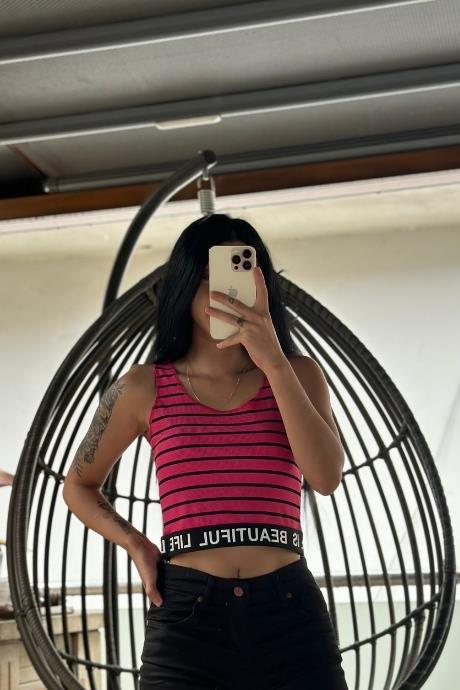 Çizgili Beli Lastikli Crop Pembe
