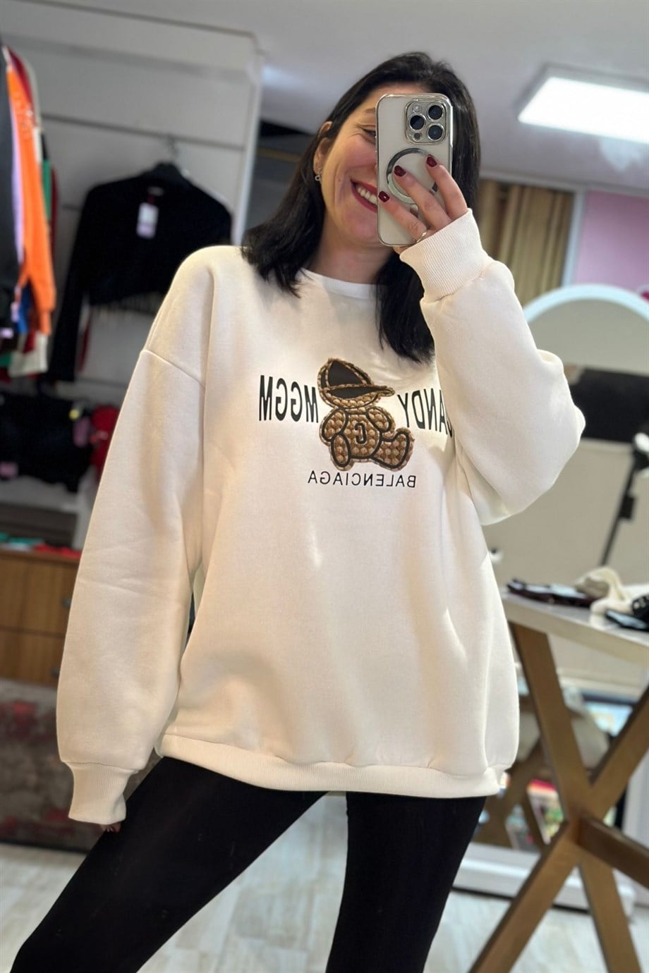 Bisiklet Yaka Ön Baskılı Balon Kol Sweatshirt Ekru