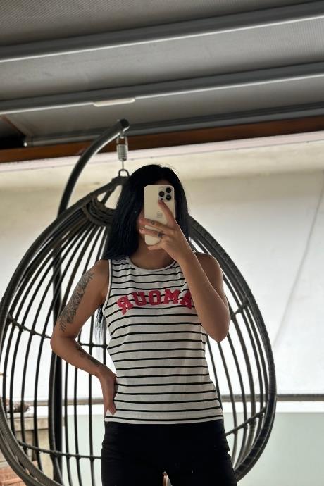Çizgili Amour Yazı Baskılı Atlet Crop Beyaz