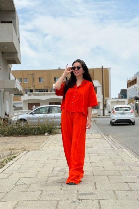 Gömlek Pantolon Keten Takım Panotolon Bel Lastikli Turuncu