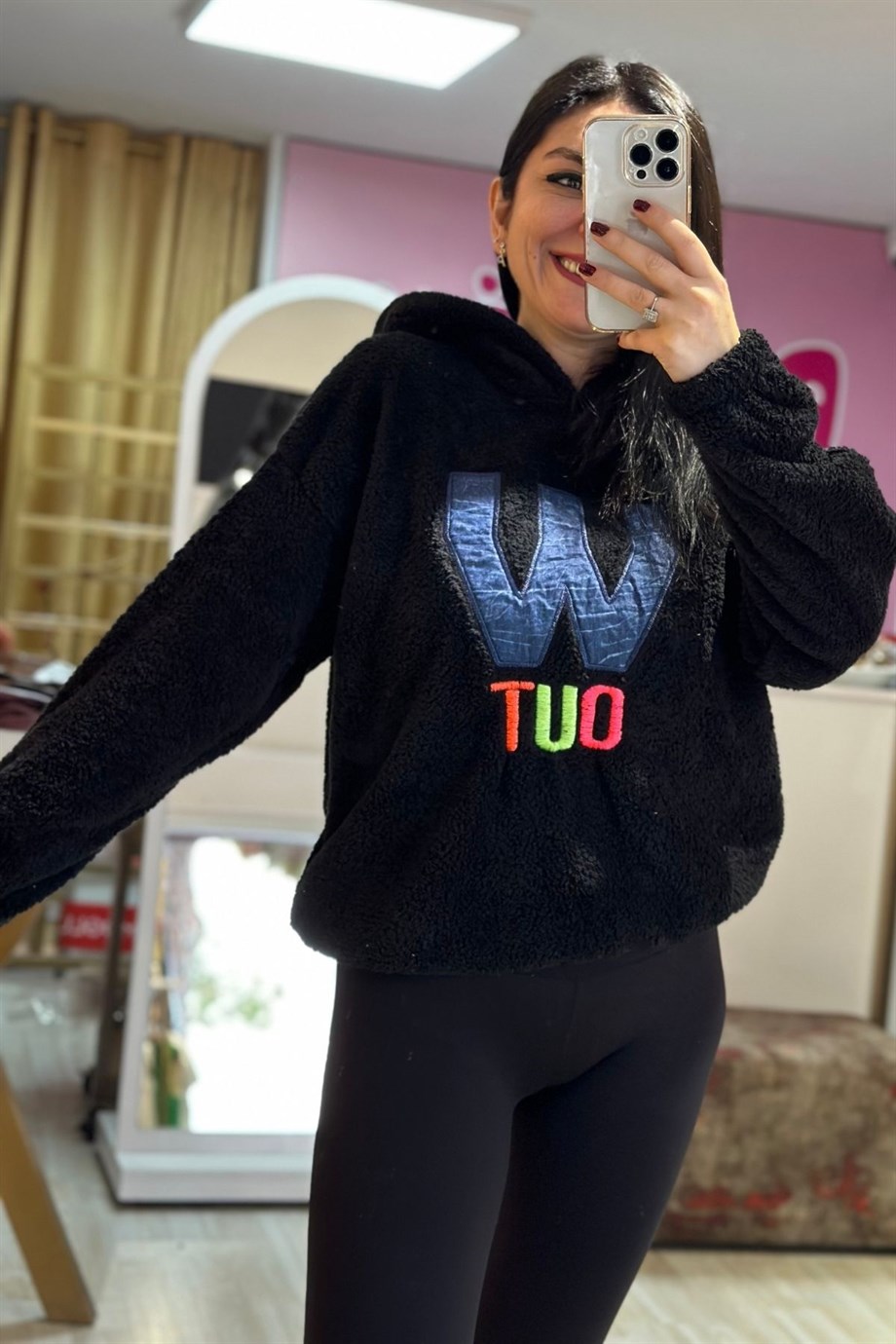 Kapüşonlu W OUT Nakışlı Peluş Sweatshirt Siyah