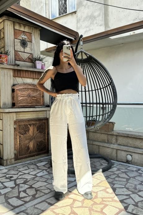 Bel İp Ve Lastik Detaylı Ayrobin Palazzo Pantolon Beyaz