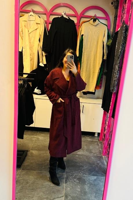 Uzun İçi Astarlı Kaşe Kaban Bordo