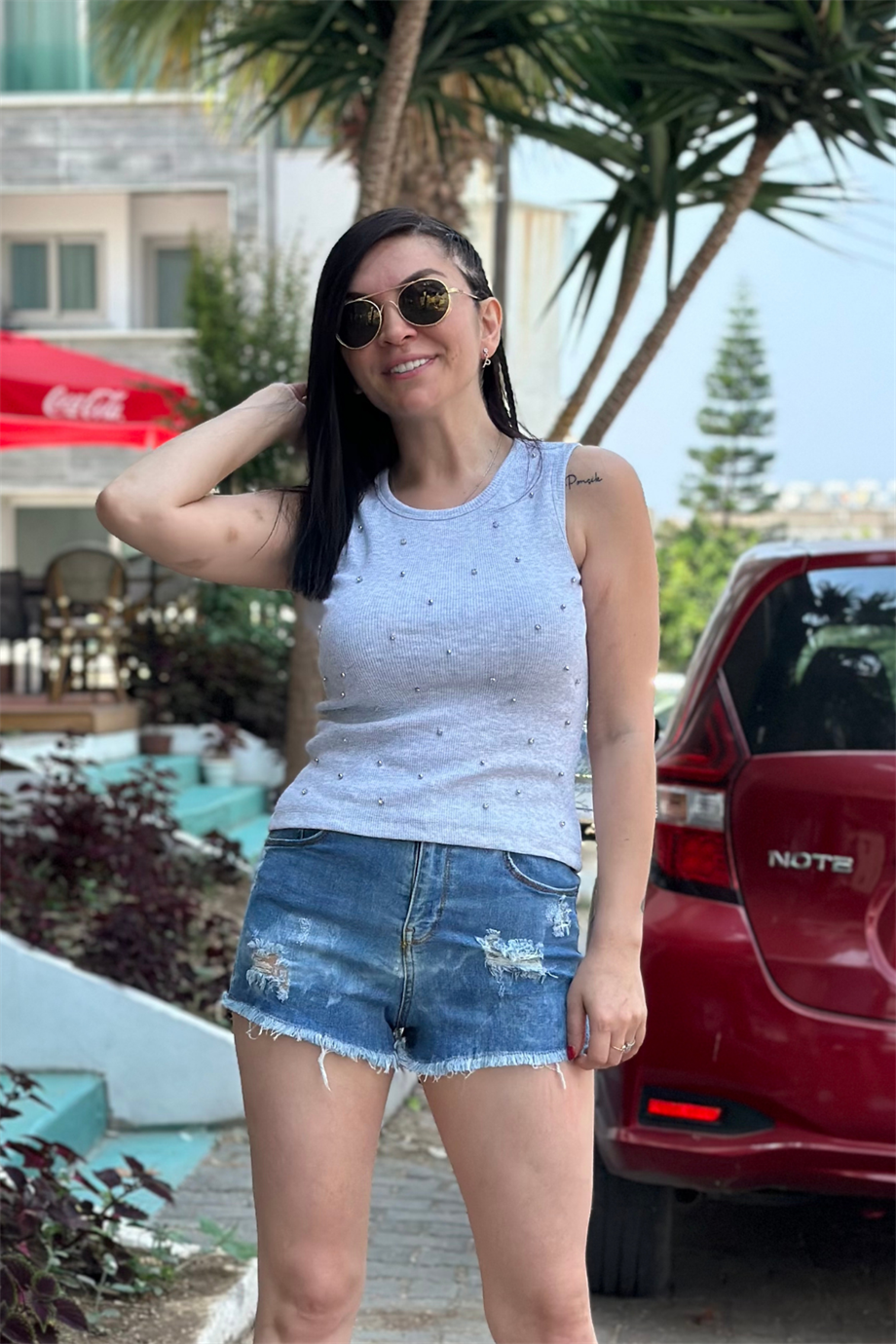 Sıfır Kol İnci Taş Süslemeli Fitilli Kaşkorse Bluz GRİ