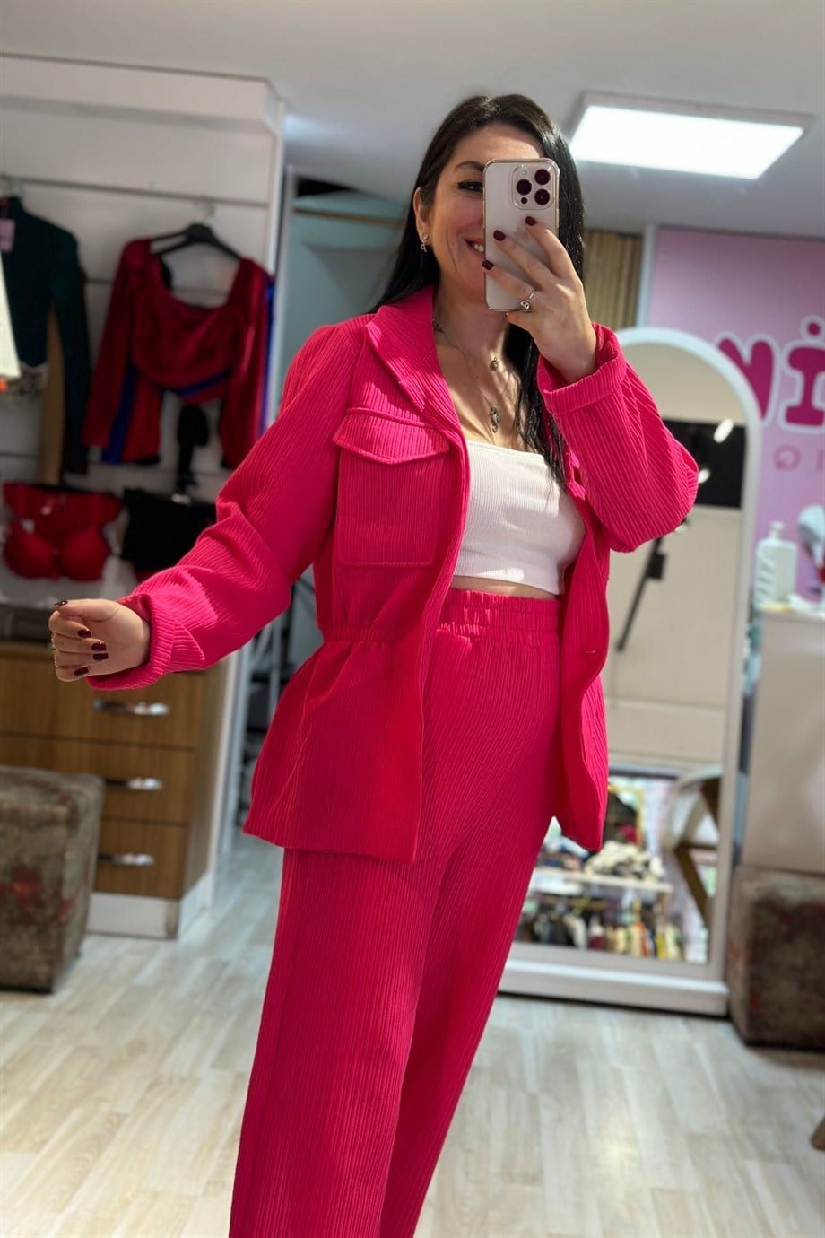 Bel Lastik Tek Düğmeli Astarlı Düz Blazer Ceket Fuşya