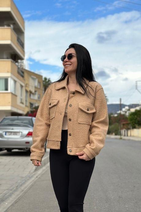 Ön Cep  Detaylı Peluş Ceket CAMEL