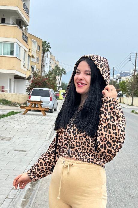 Kapüşonlu  Bel Ve Bilek Lastik Deataylı Leopar Desenli Crop Hırka LEOPAR