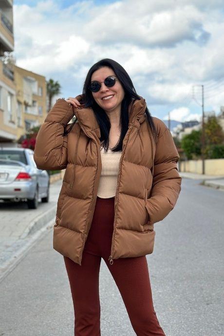 Araboy Kapşonlu Dolgun Şişme Mont CAMEL