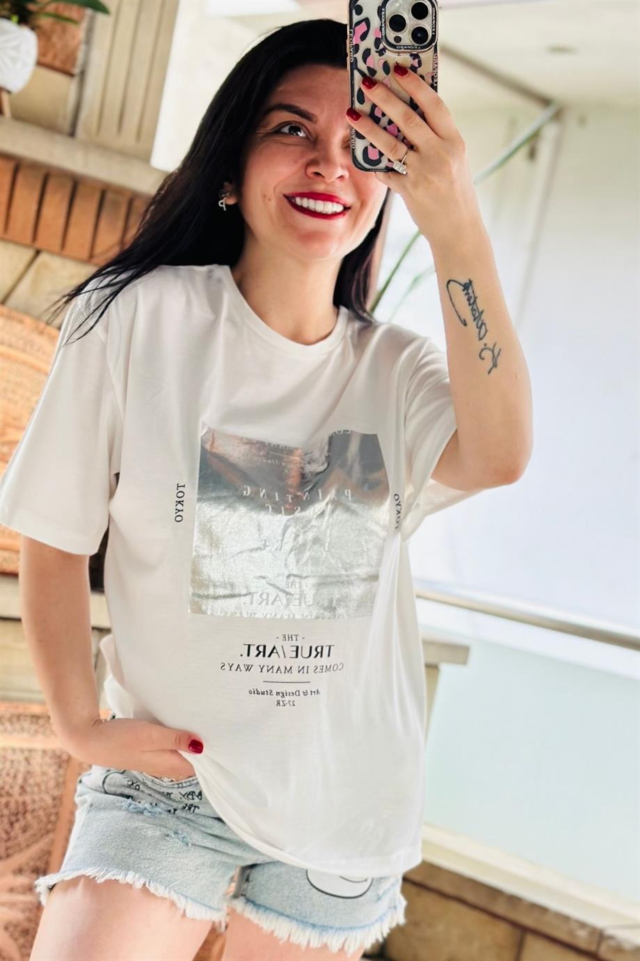 Bisiklet Yaka Tokyo Yazı Baskılı Tshirt GRİ