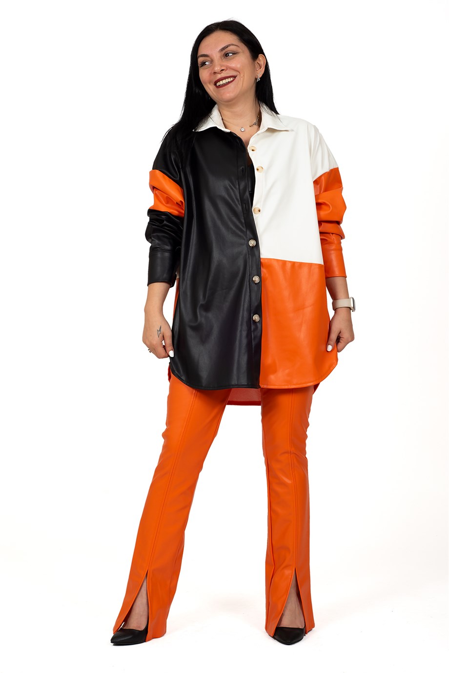 Turuncu Oversize Düğmeli Renkli Suni Deri Gömlek Pantolon Takım