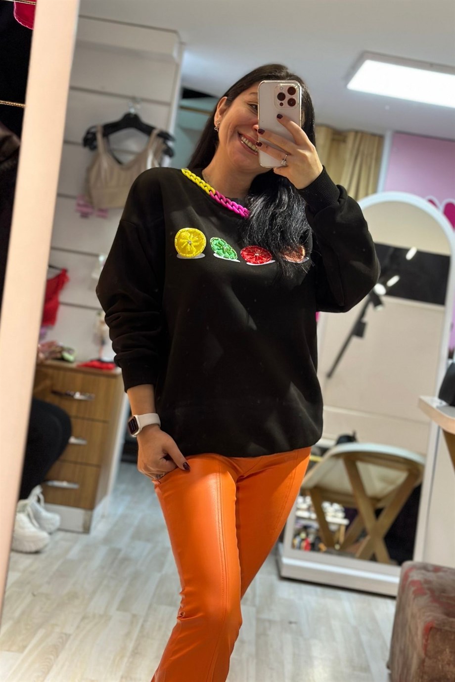 Bisiklet Kolye Zincir Aksearlı Liman Nakış İşlemeli Sweatshirt Siyah