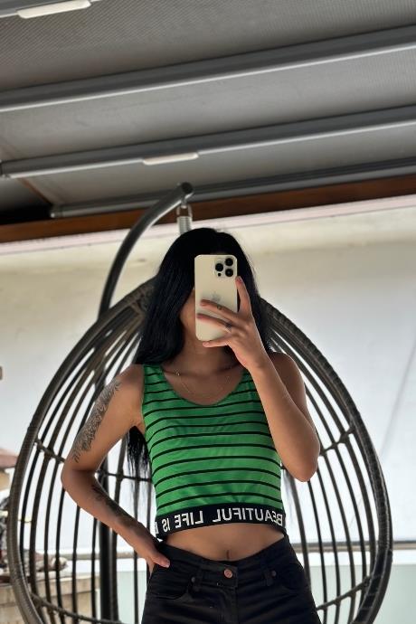 Çizgili Beli Lastikli Crop Yeşil