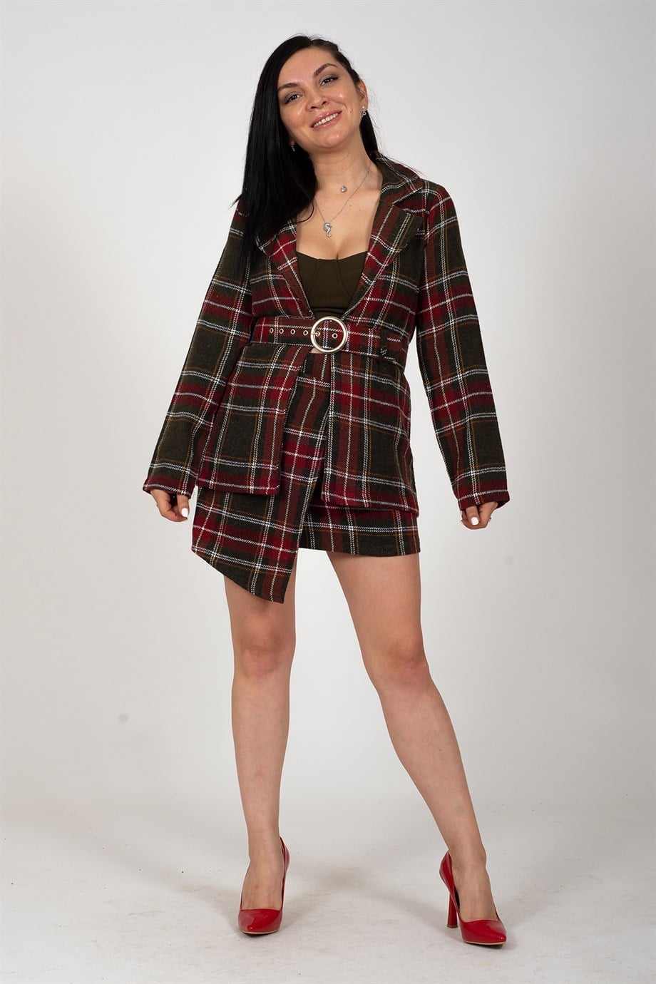 Haki Kare Desenli Kemerli Düğme Detaylı Mini Etek Ceket İkili Takım