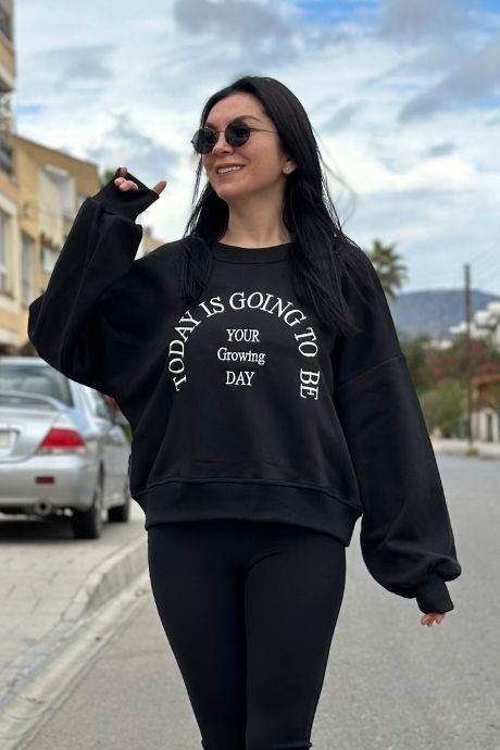 Balon Kol Bisiklet Yaka Rahat Kalıp Nakışlı Yazı Detaylı Sweatshirt SİYAH