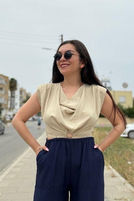Omuz Vatkalı Bel Lastik Metal Halka Detaylı Crop Krem