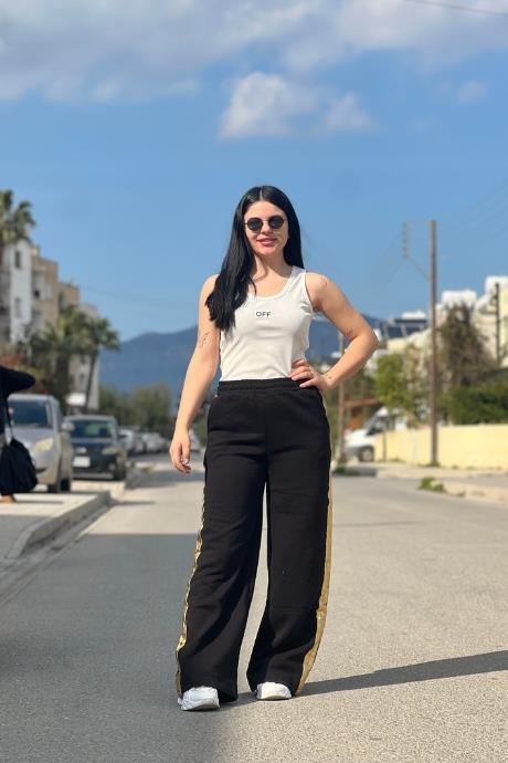 Beli Lastikli Palazzo Paça Yanları Gümüş Çizgili Eşofman