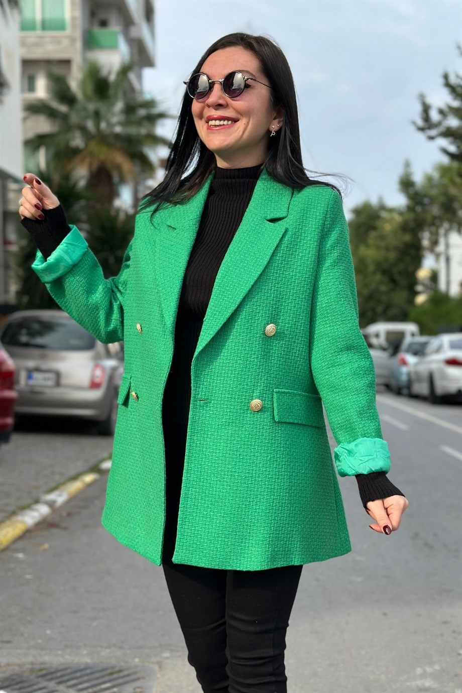 Kapak Cep Detaylı Düğmeli İçi Astarlı Blazer Ceket Yeşil
