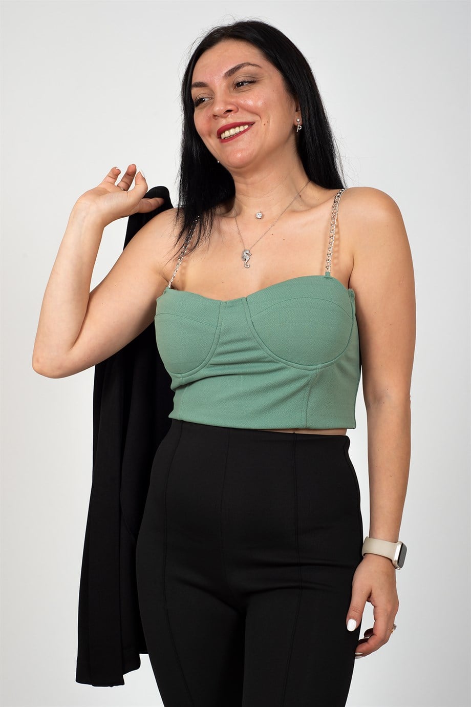Mint Zincir Askılı Göğüs Petli Crop