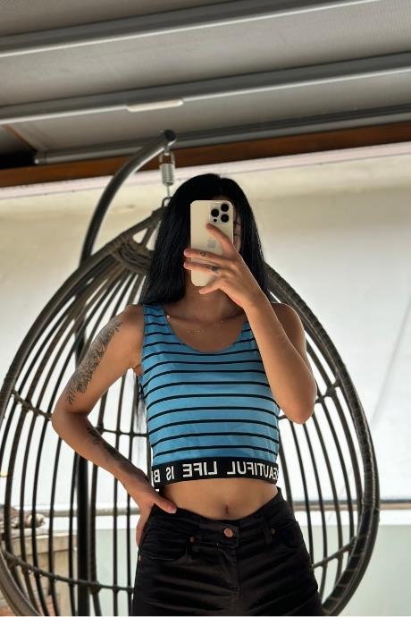 Çizgili Beli Lastikli Crop Mavi