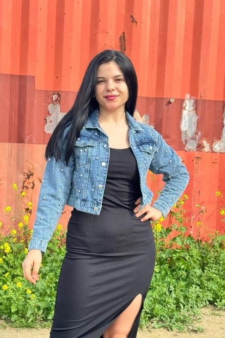 Zımba Taş Ve Boncuk Detaylı Crop Model Kot Ceket MAVİ