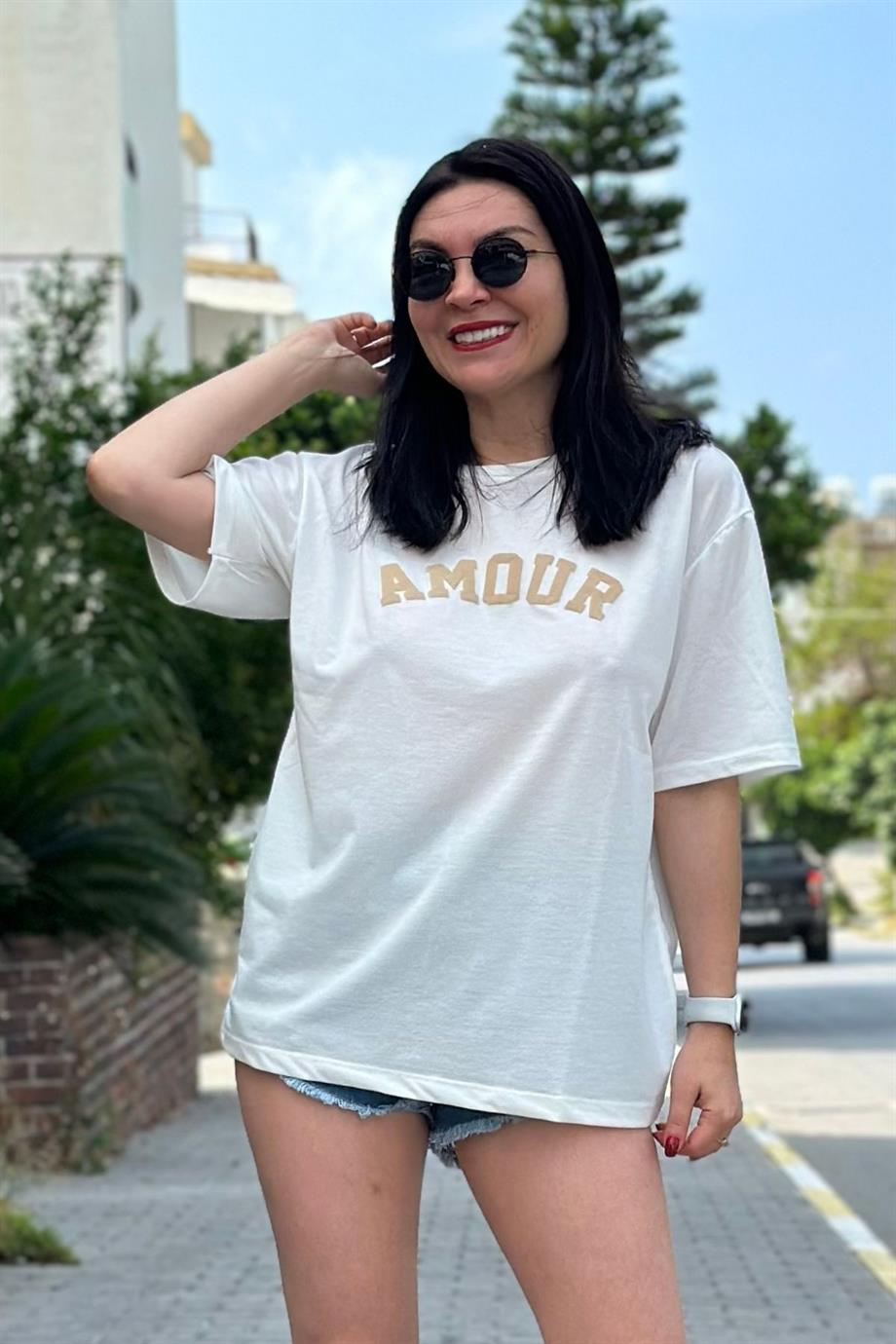 Bisiklet Yaka Amor Yazı Baskılı Tshirt VİZON